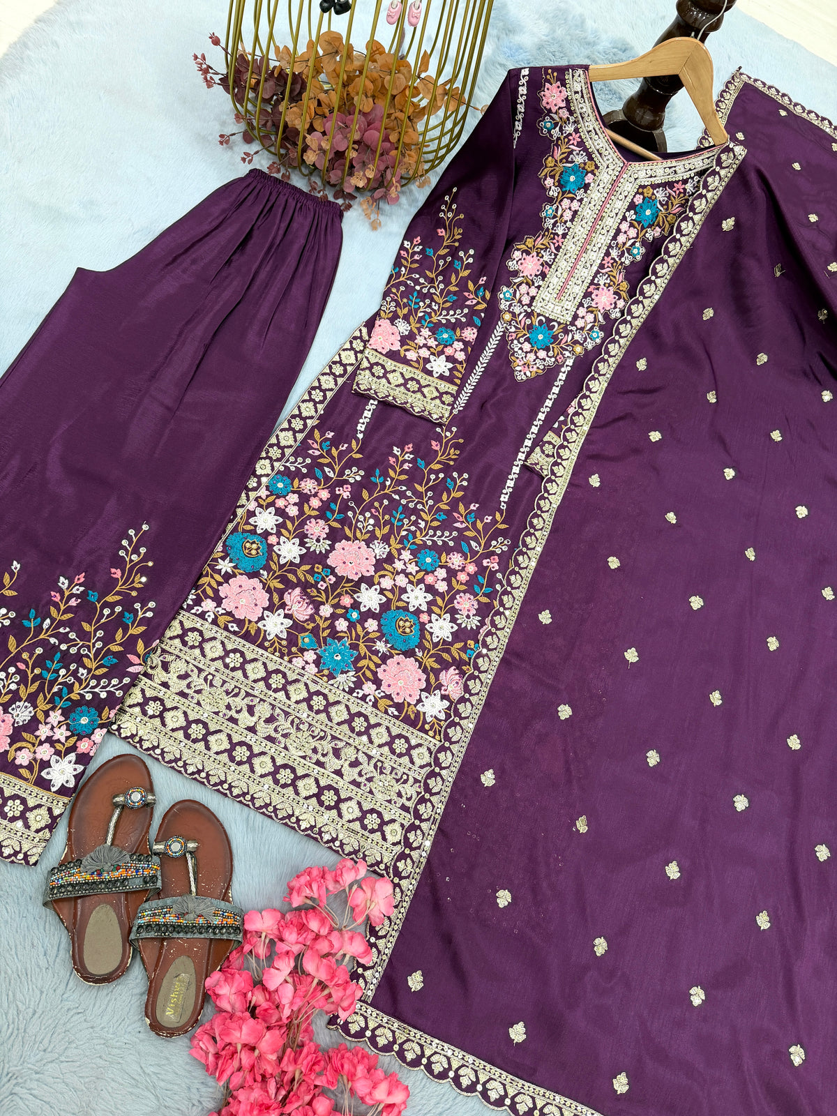 Royal Purple Embroidered Chinon Silk Kurta Palazzo Set with Dupatta