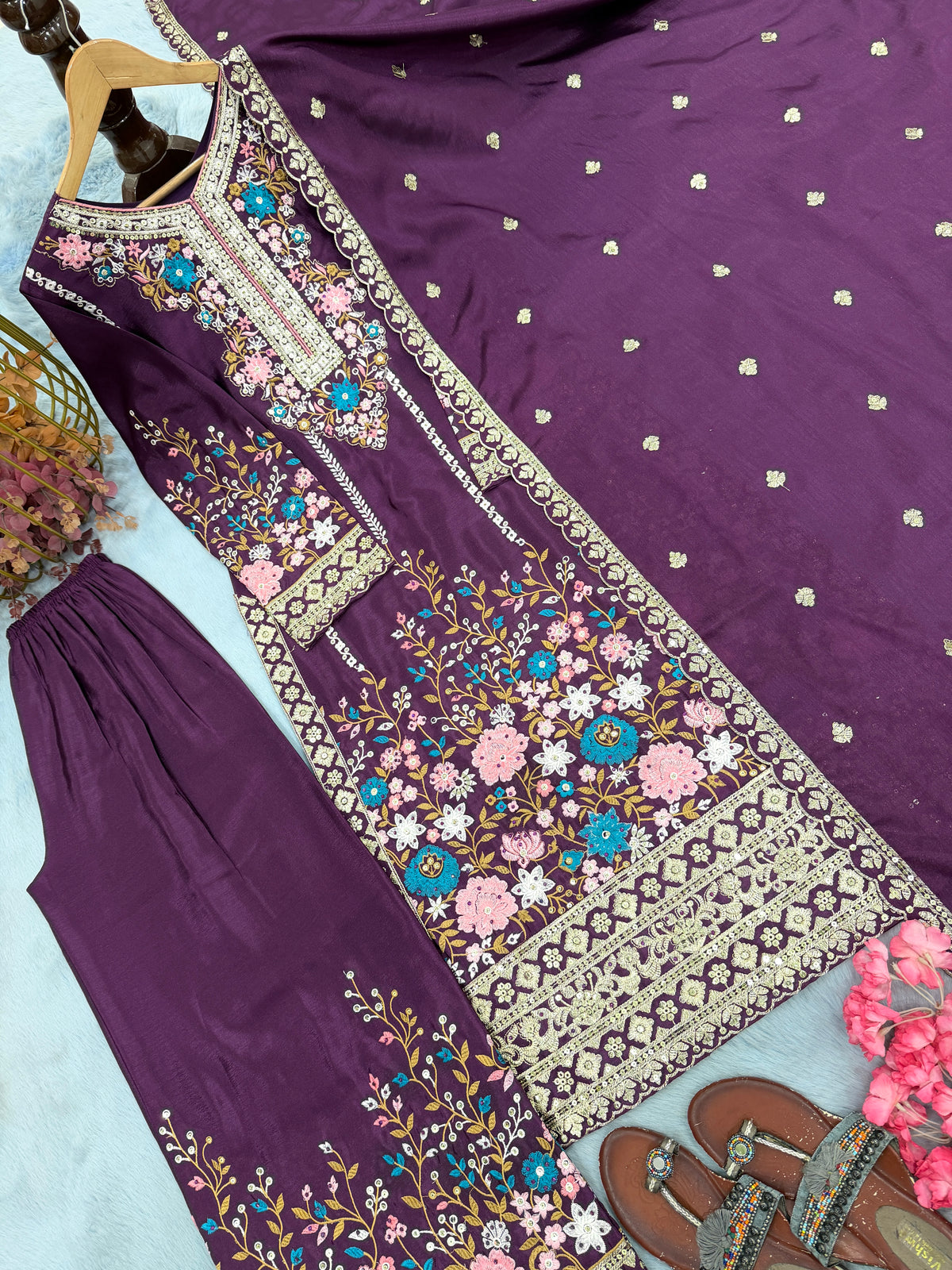 Royal Purple Embroidered Chinon Silk Kurta Palazzo Set with Dupatta