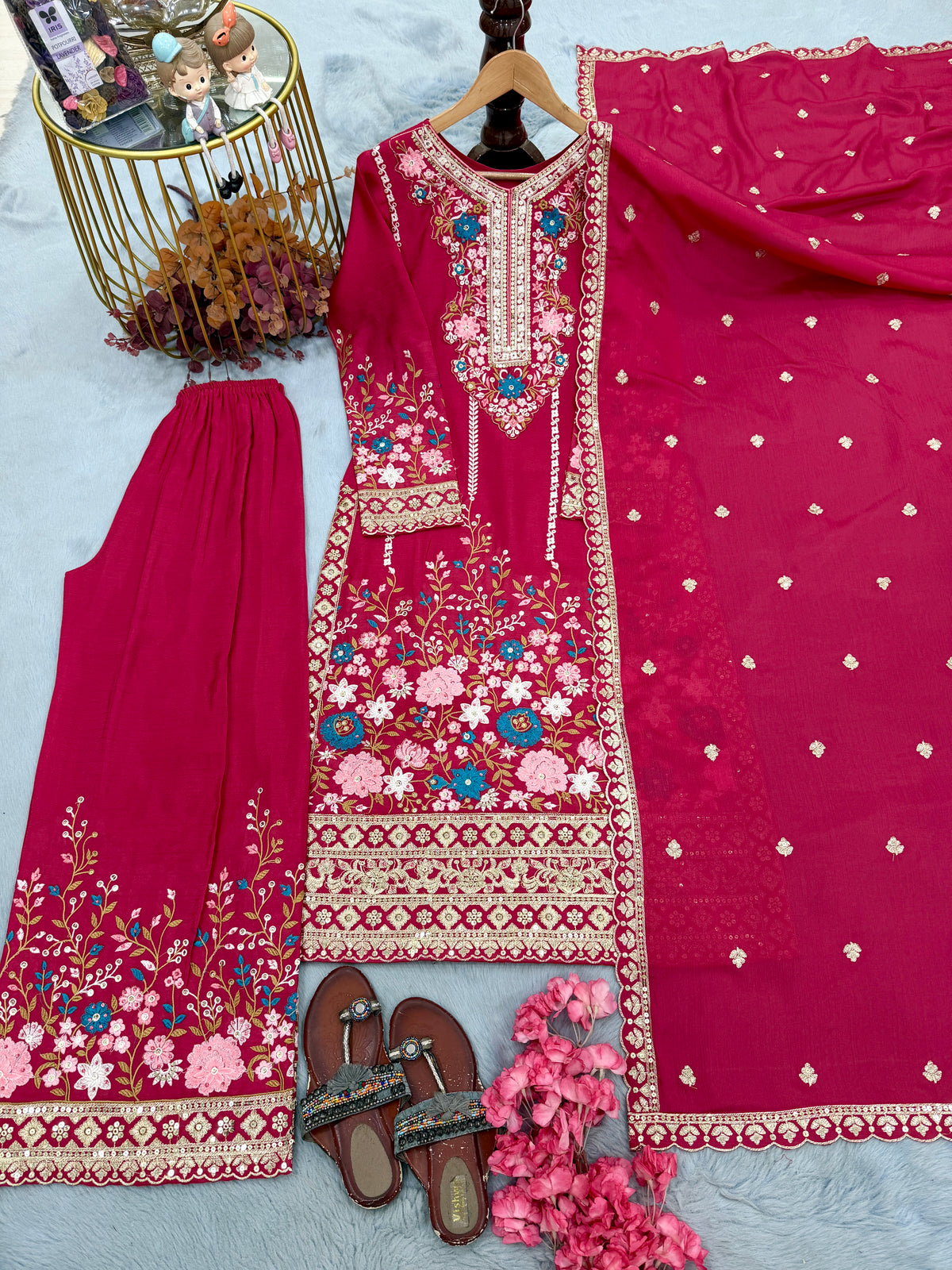 Rani Pink Embroidered Chinon Silk Kurta Palazzo Set with Dupatta