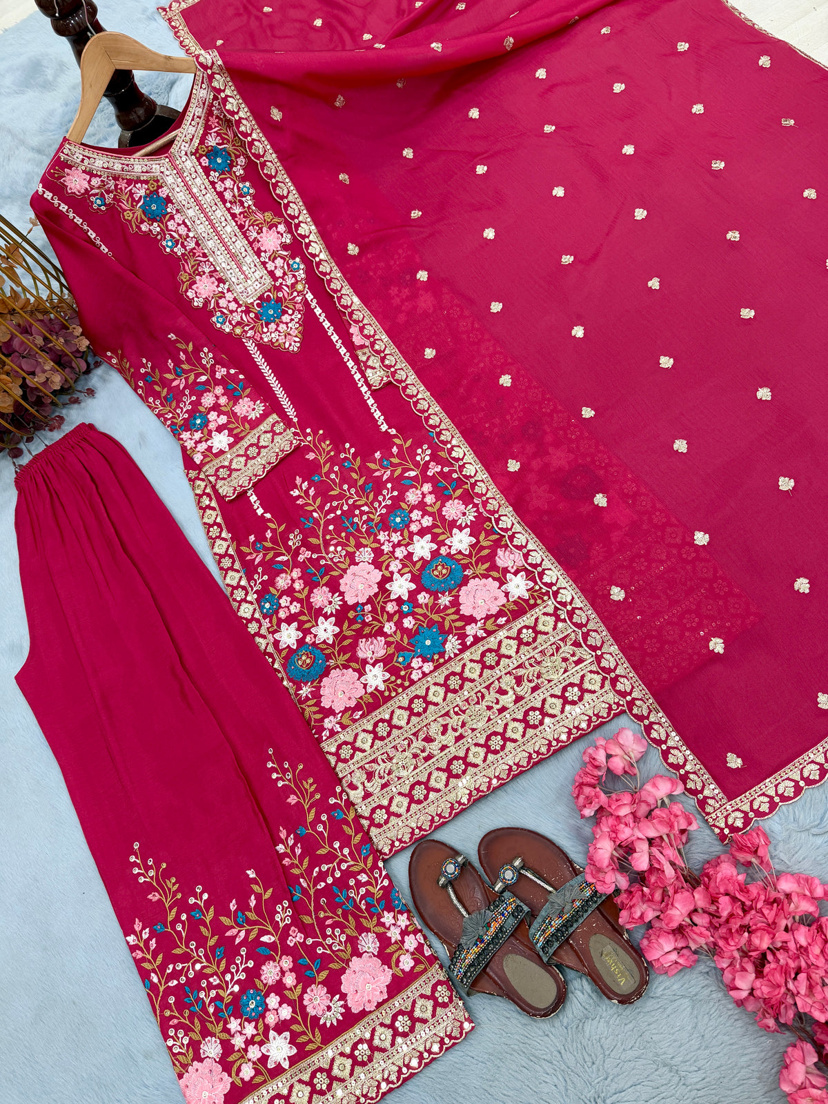 Rani Pink Embroidered Chinon Silk Kurta Palazzo Set with Dupatta