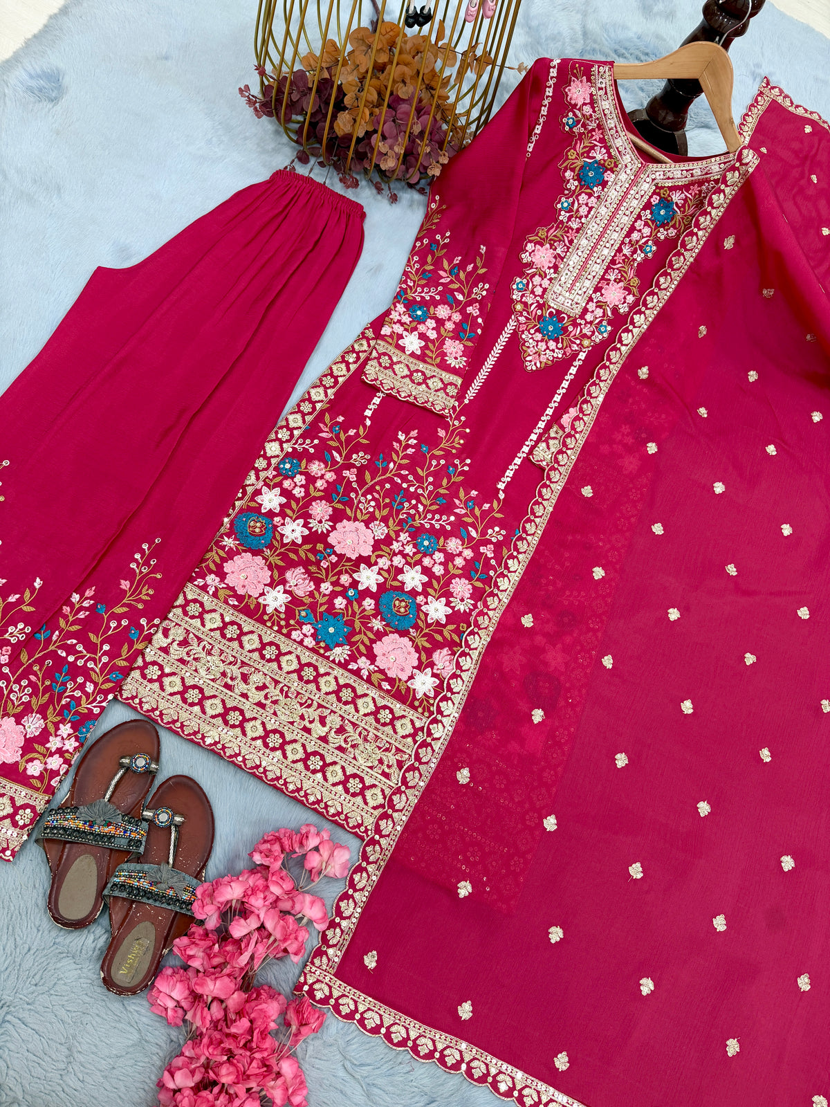 Rani Pink Embroidered Chinon Silk Kurta Palazzo Set with Dupatta