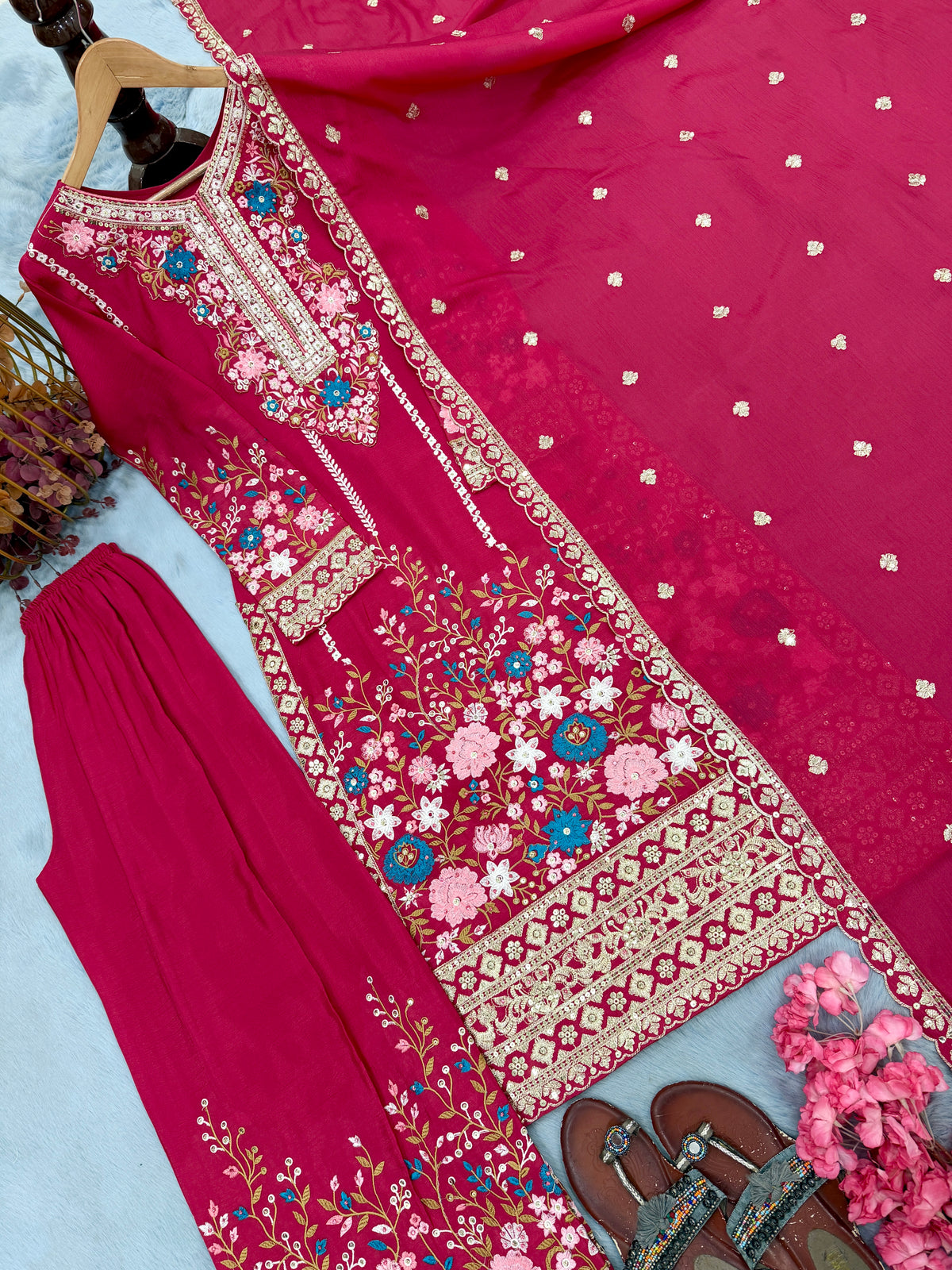 Rani Pink Embroidered Chinon Silk Kurta Palazzo Set with Dupatta