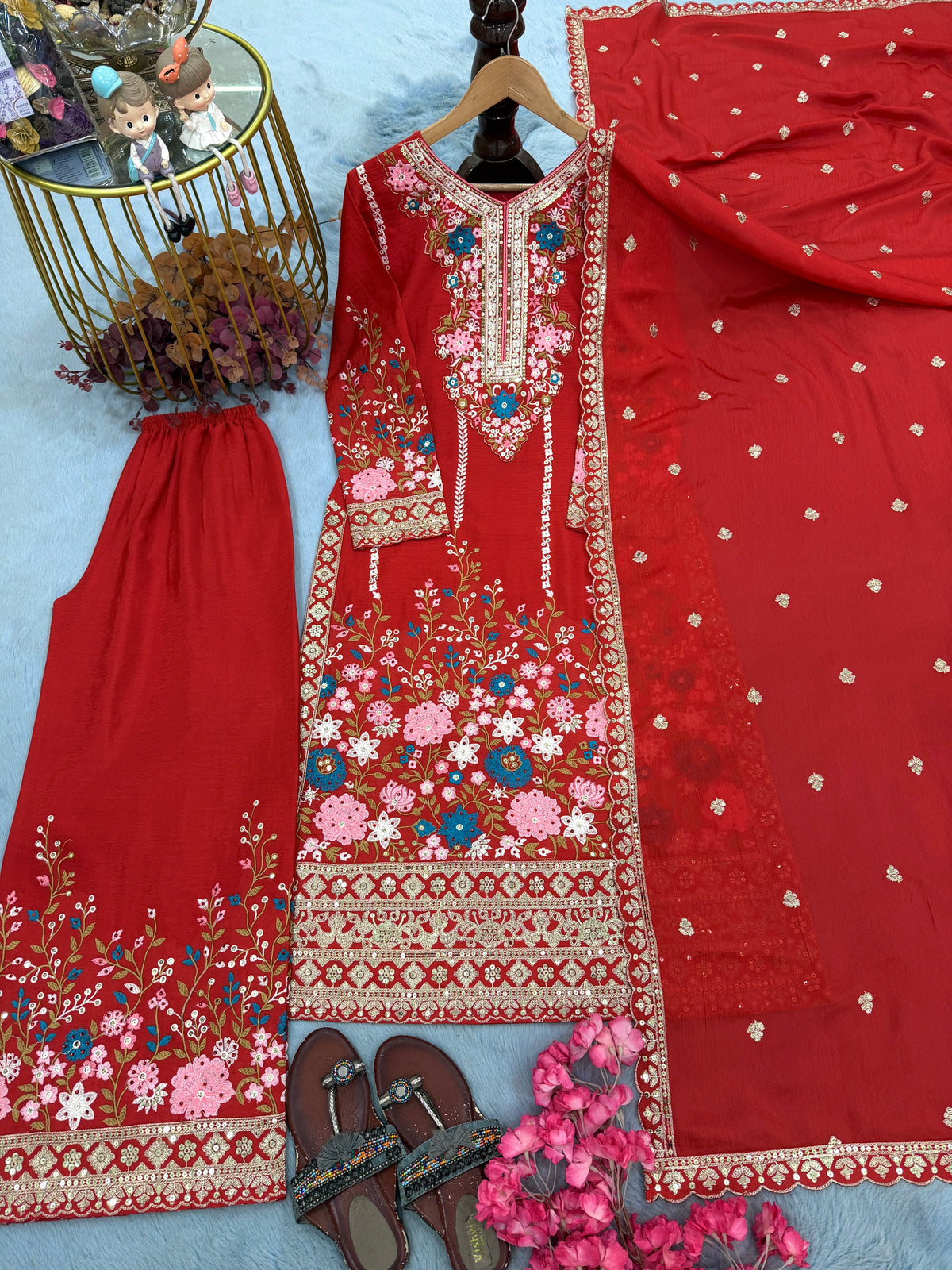 Crimson Red Embroidered Chinon Silk Kurta Palazzo Set with Dupatta