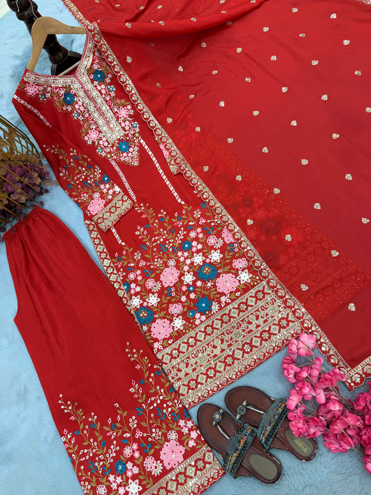 Crimson Red Embroidered Chinon Silk Kurta Palazzo Set with Dupatta