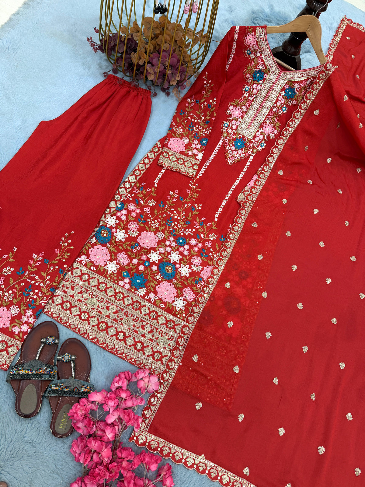 Crimson Red Embroidered Chinon Silk Kurta Palazzo Set with Dupatta