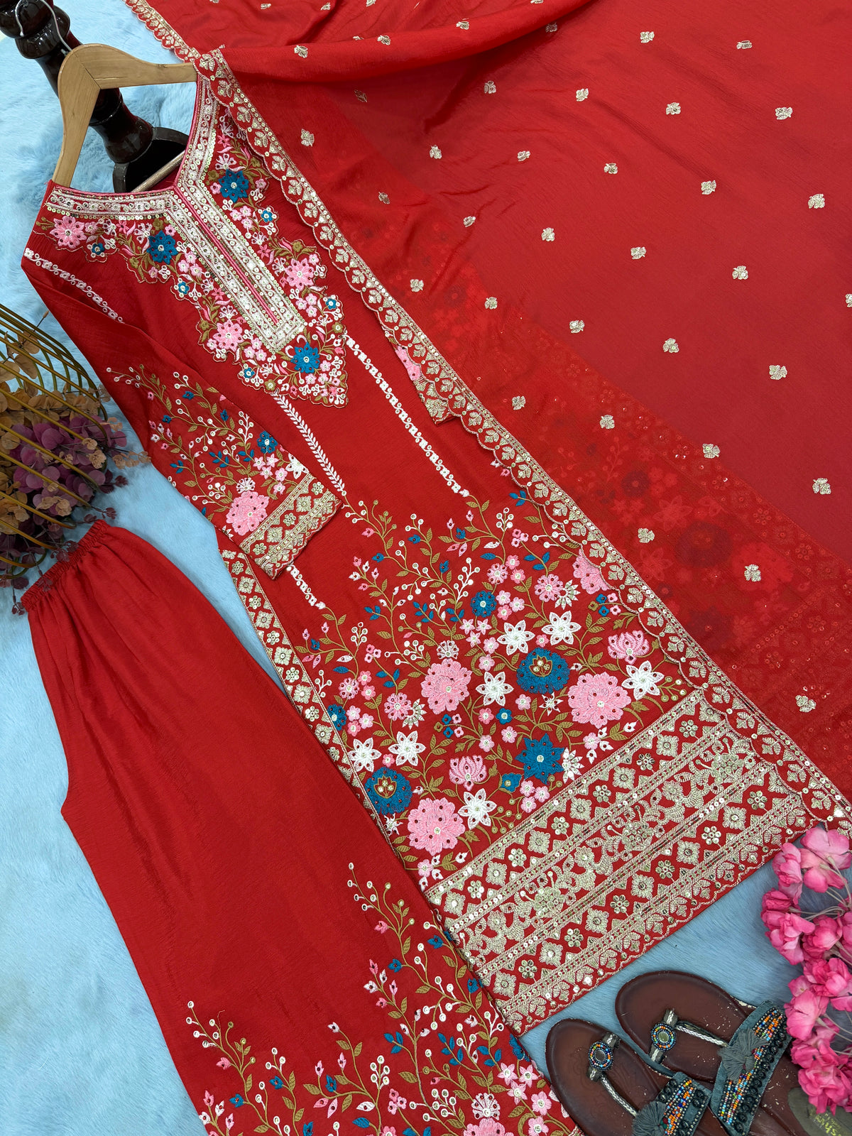 Crimson Red Embroidered Chinon Silk Kurta Palazzo Set with Dupatta