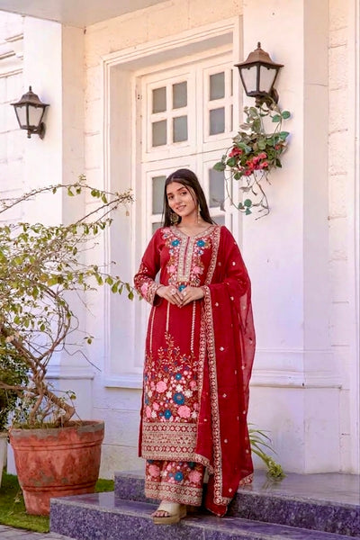 Crimson Red Embroidered Chinon Silk Kurta Palazzo Set with Dupatta