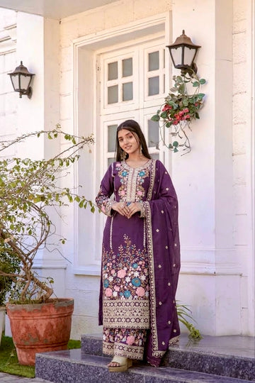 Royal Purple Embroidered Chinon Silk Kurta Palazzo Set with Dupatta