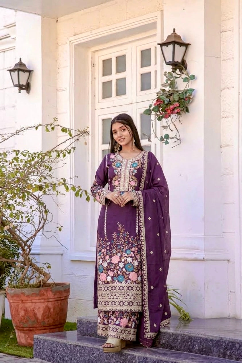 Royal Purple Embroidered Chinon Silk Kurta Palazzo Set with Dupatta