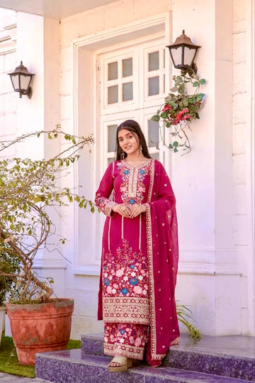 Rani Pink Embroidered Chinon Silk Kurta Palazzo Set with Dupatta