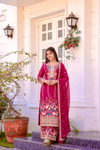Rani Pink Embroidered Chinon Silk Kurta Palazzo Set with Dupatta