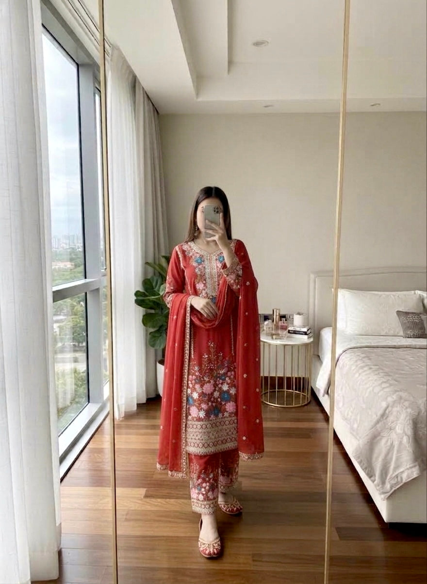 Crimson Red Embroidered Chinon Silk Kurta Palazzo Set with Dupatta