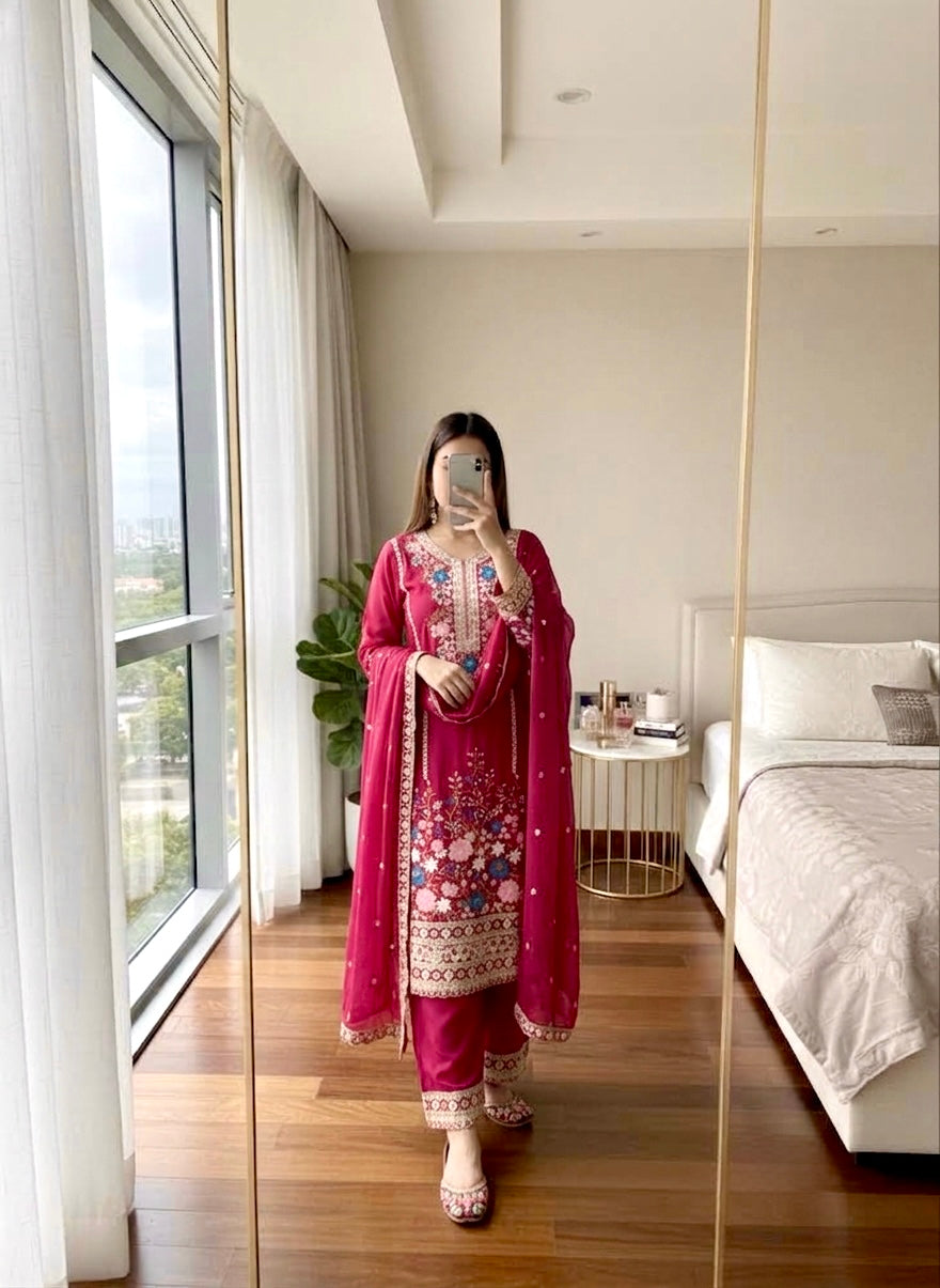 Rani Pink Embroidered Chinon Silk Kurta Palazzo Set with Dupatta