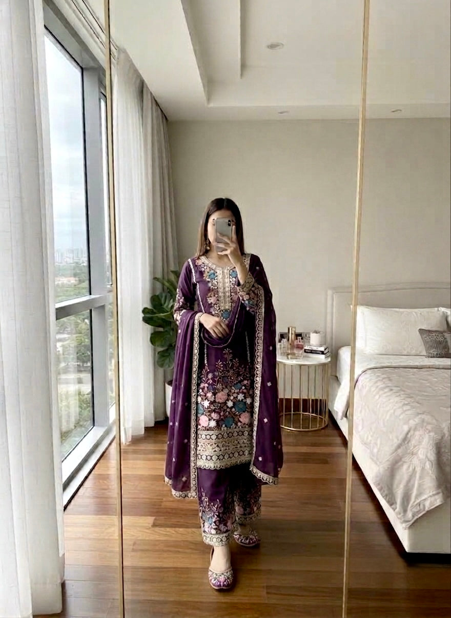 Royal Purple Embroidered Chinon Silk Kurta Palazzo Set with Dupatta
