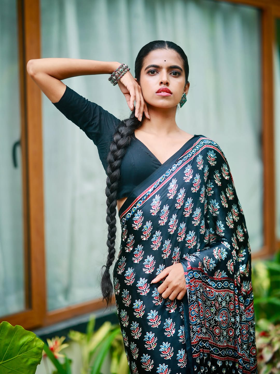 Midnight Black Pure Modal Silk Saree with Ajrakh Inspired Floral Print & Heritage Designer Pall