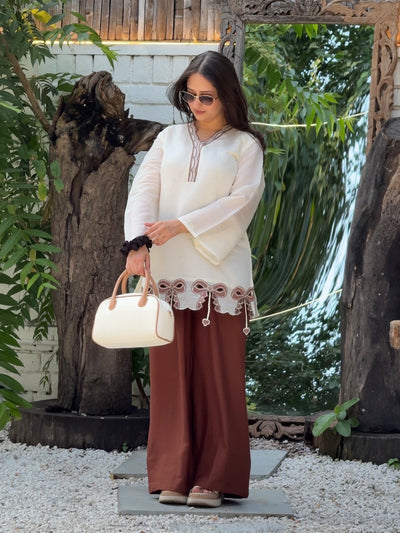 Off-White & Brown Roman Silk Top with Palazzo Set