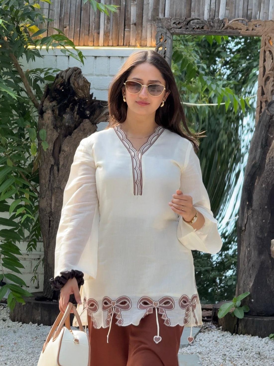 Off-White & Brown Roman Silk Top with Palazzo Set