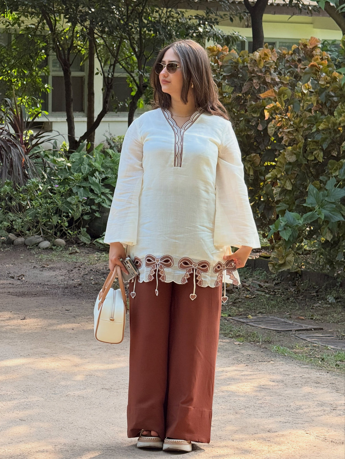 Off-White & Brown Roman Silk Top with Palazzo Set