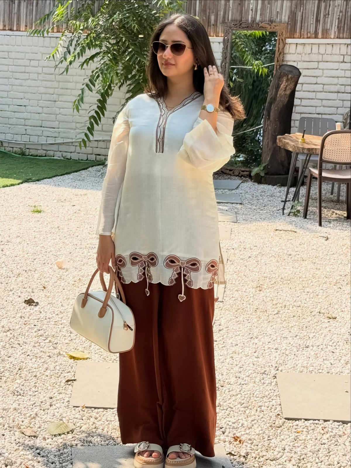 Off-White & Brown Roman Silk Top with Palazzo Set