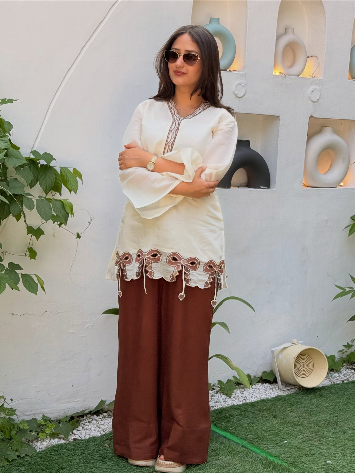 Off-White & Brown Roman Silk Top with Palazzo Set
