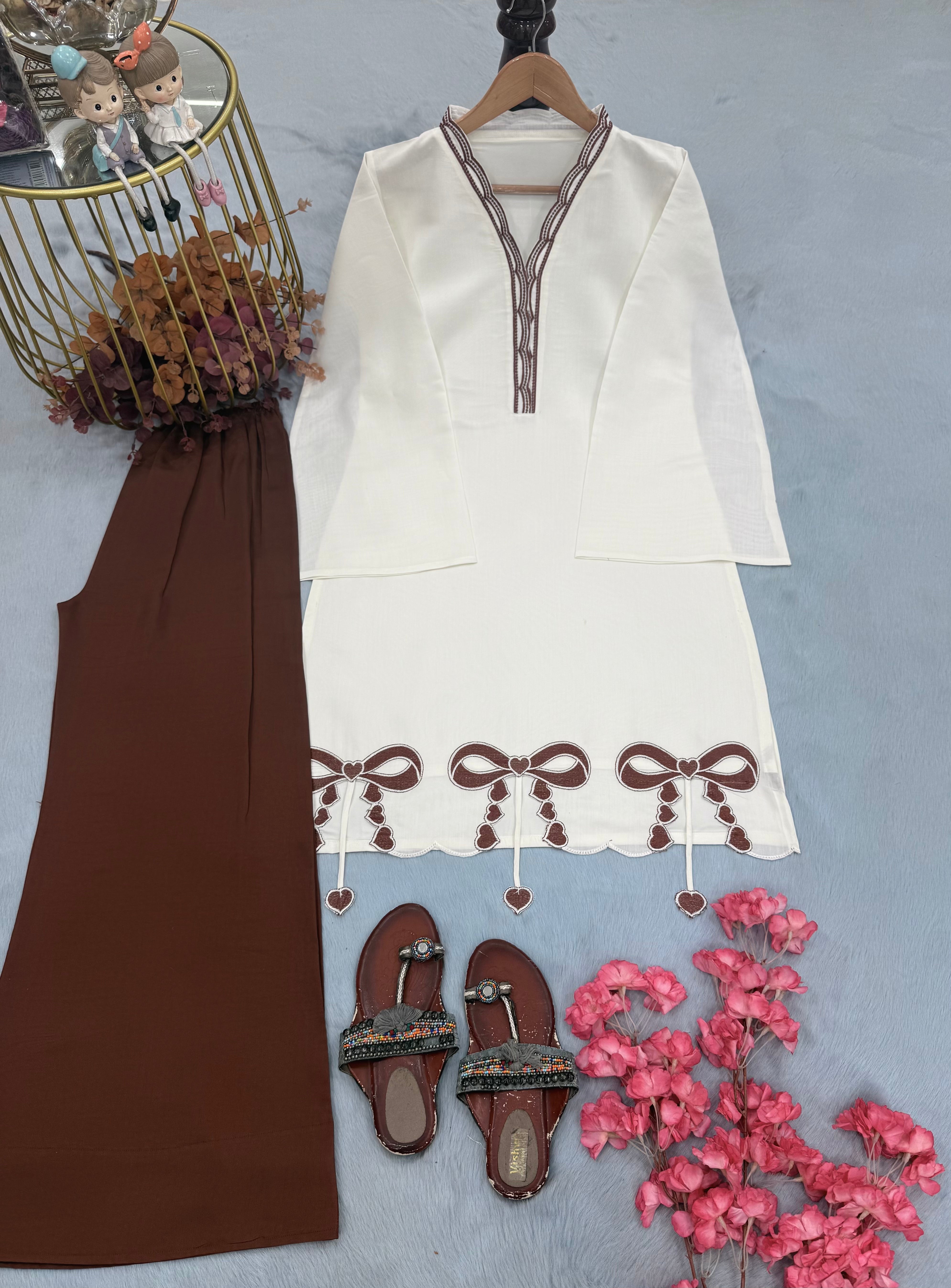 Off-White & Brown Roman Silk Top with Palazzo Set