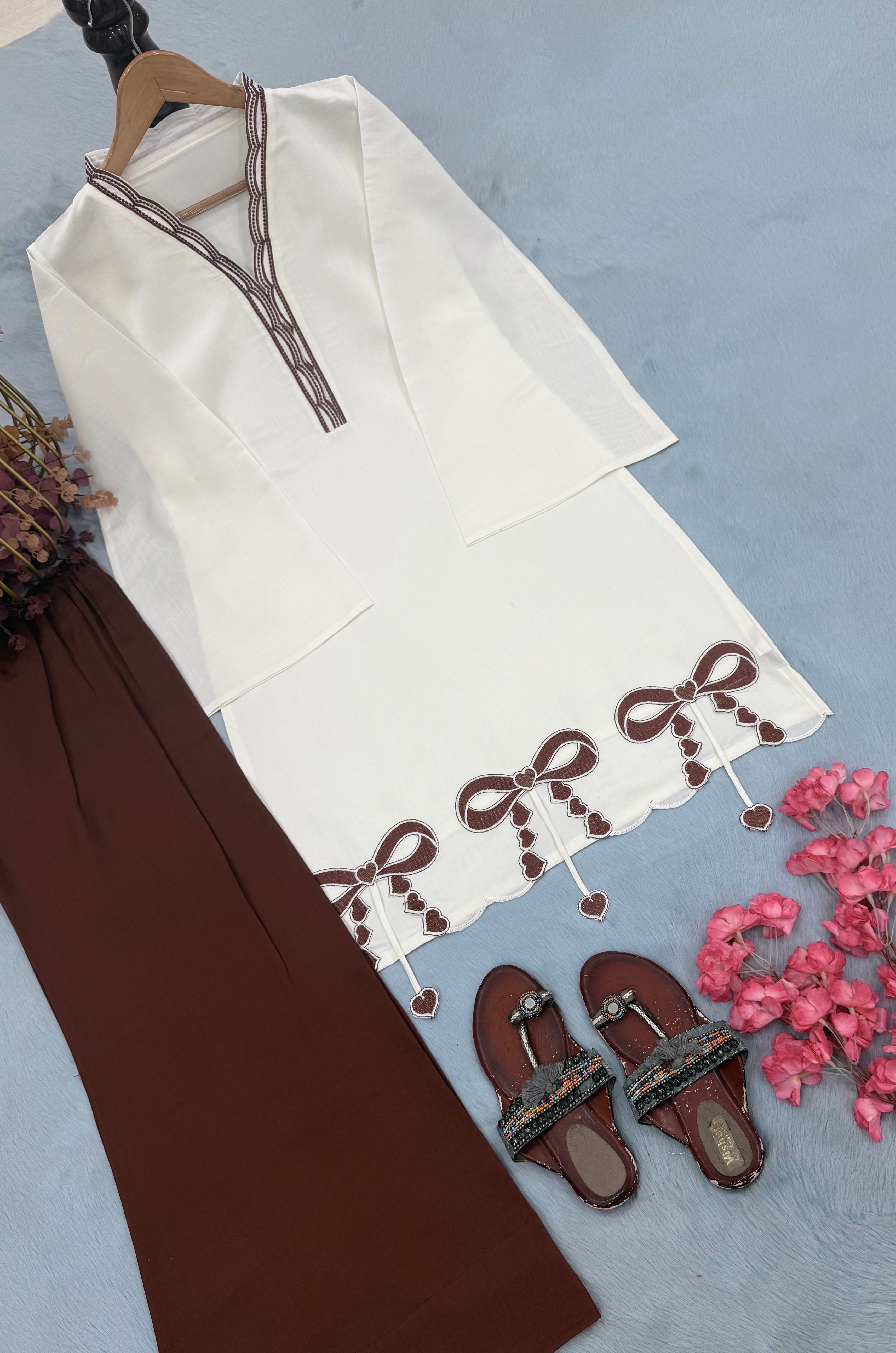 Off-White & Brown Roman Silk Top with Palazzo Set