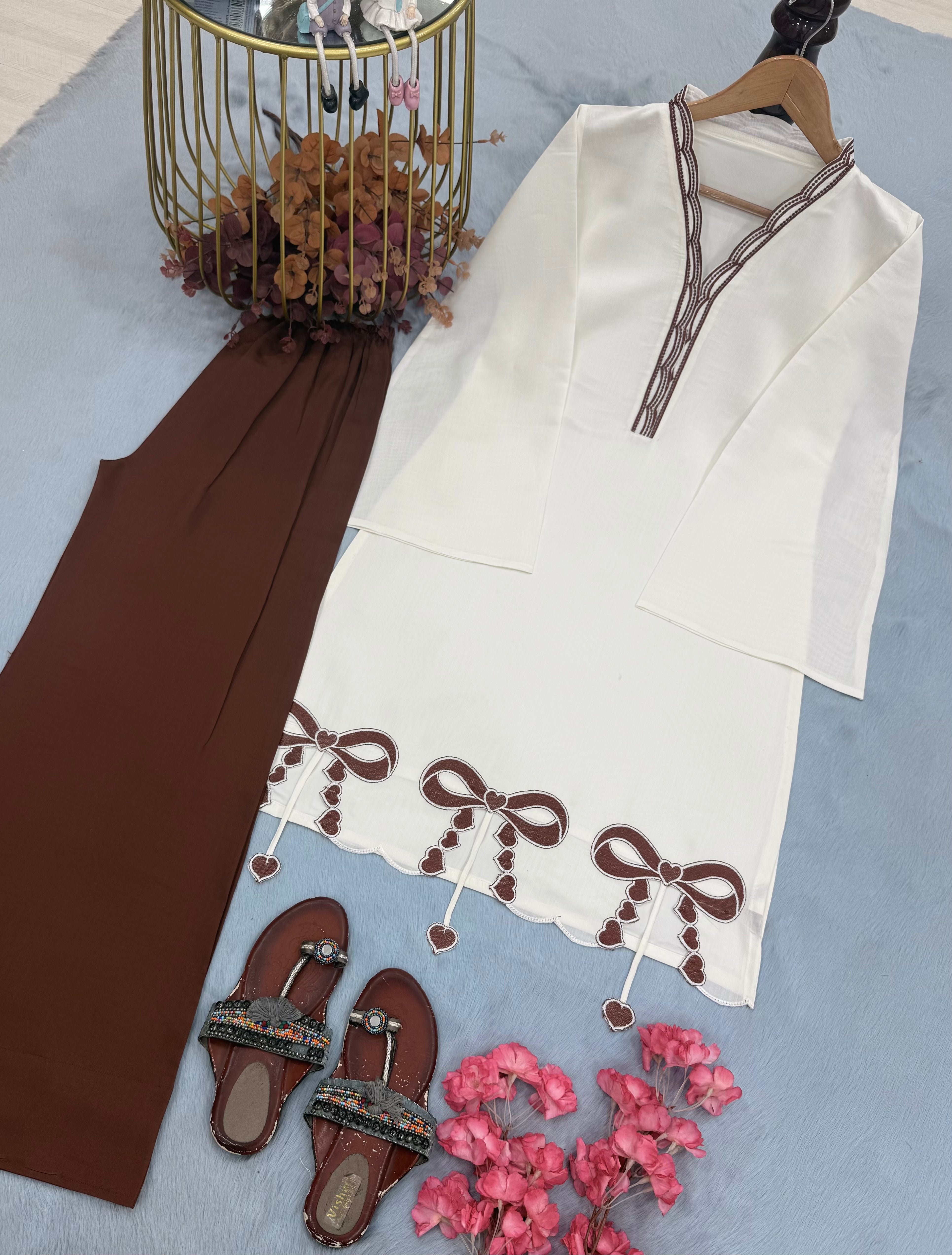 Off-White & Brown Roman Silk Top with Palazzo Set