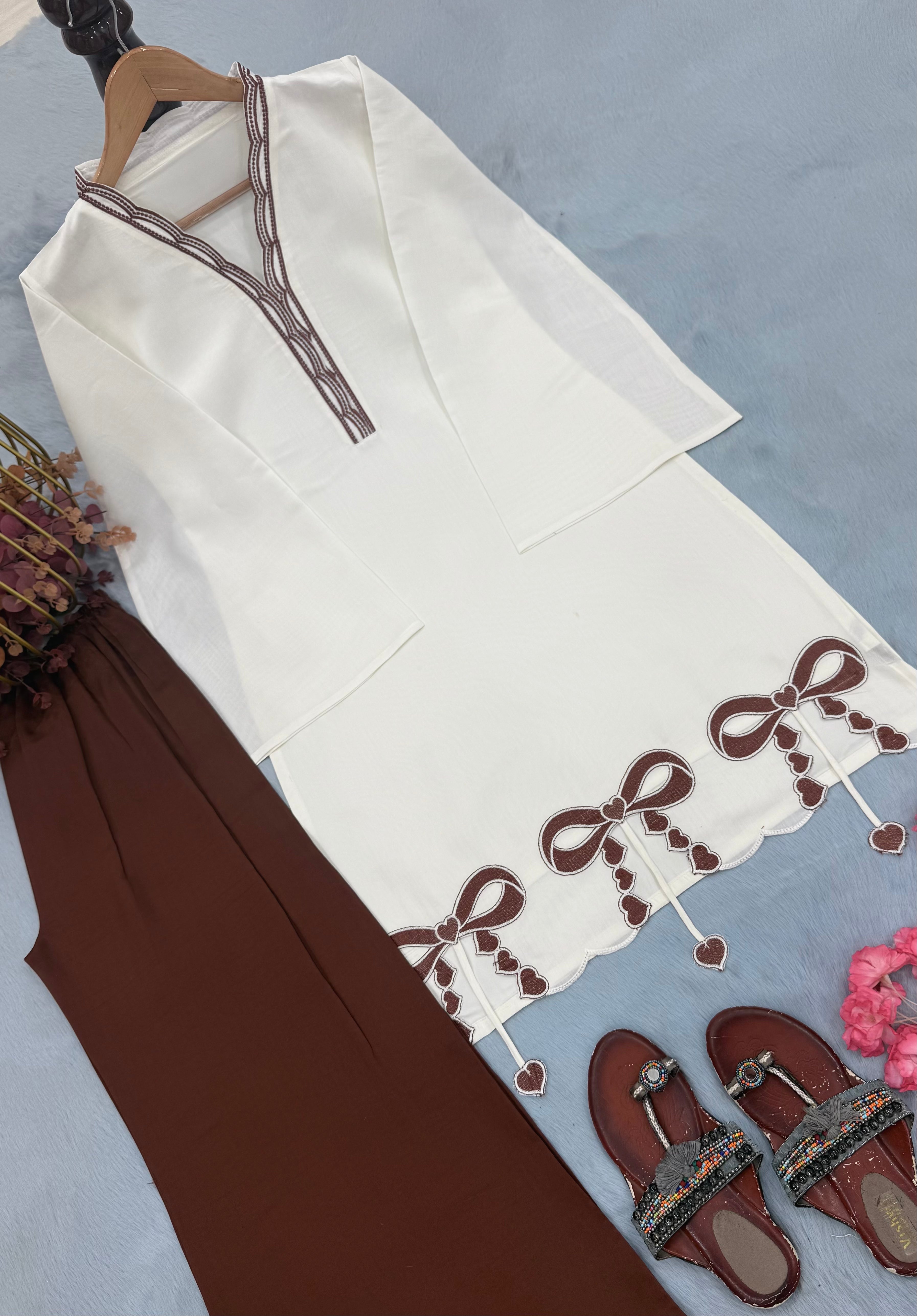 Off-White & Brown Roman Silk Top with Palazzo Set
