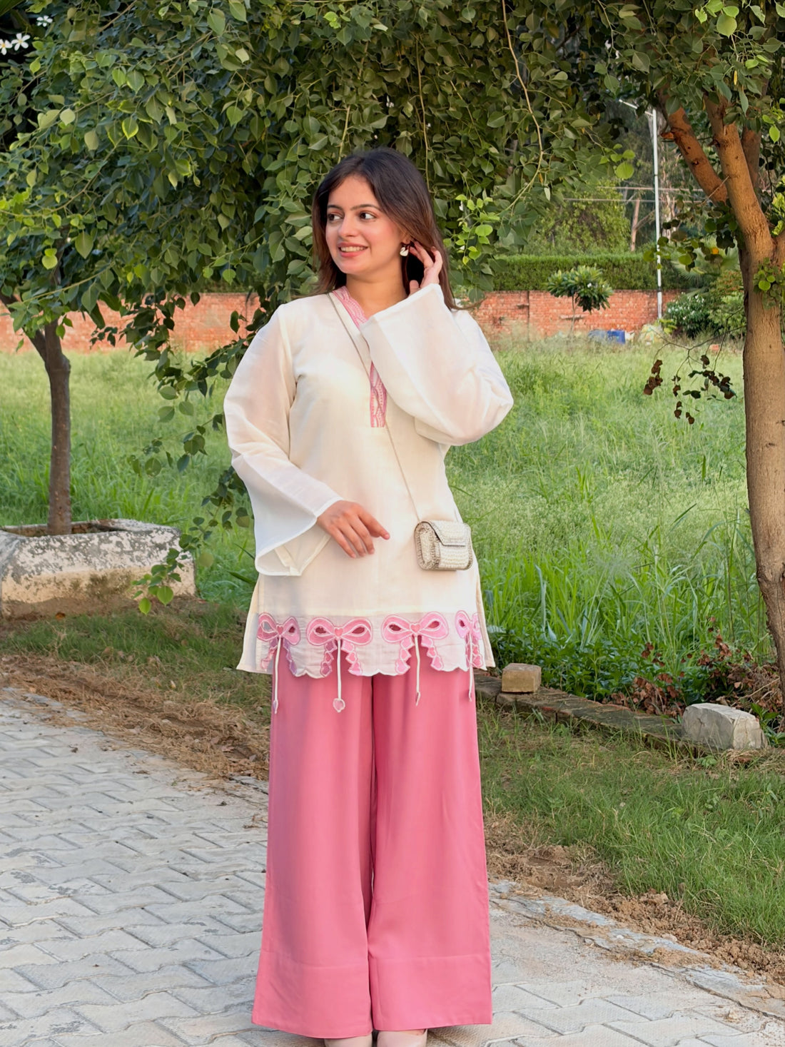 Off-White & Pink Roman Silk Top with Palazzo Set