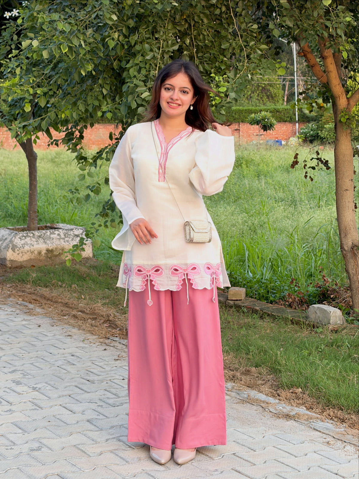 Off-White & Pink Roman Silk Top with Palazzo Set