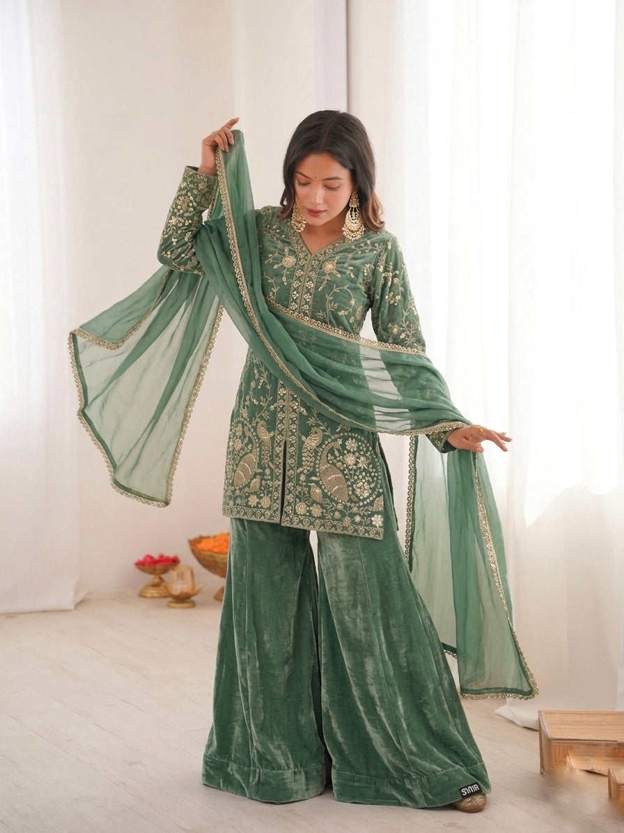 Fendy Silk Embroidered Short Kurta with Sharara & Dupatta Set