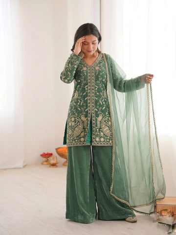Fendy Silk Embroidered Short Kurta with Sharara & Dupatta Set