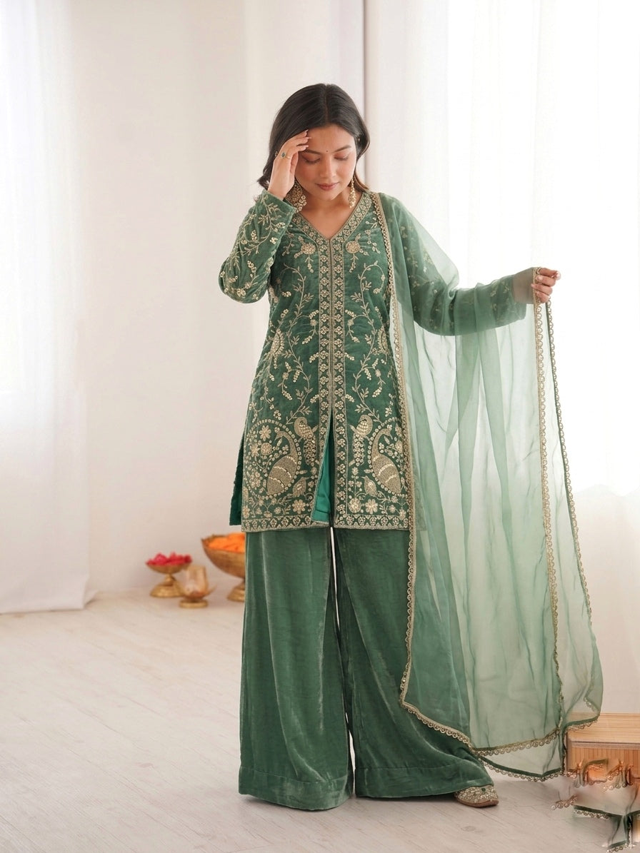 Fendy Silk Embroidered Short Kurta with Sharara & Dupatta Set