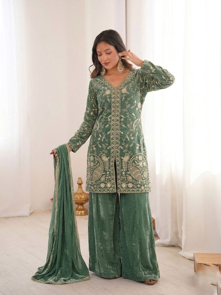Fendy Silk Embroidered Short Kurta with Sharara & Dupatta Set