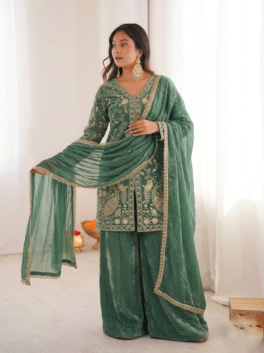 Fendy Silk Embroidered Short Kurta with Sharara & Dupatta Set