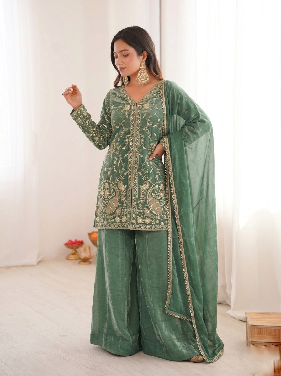 Fendy Silk Embroidered Short Kurta with Sharara & Dupatta Set