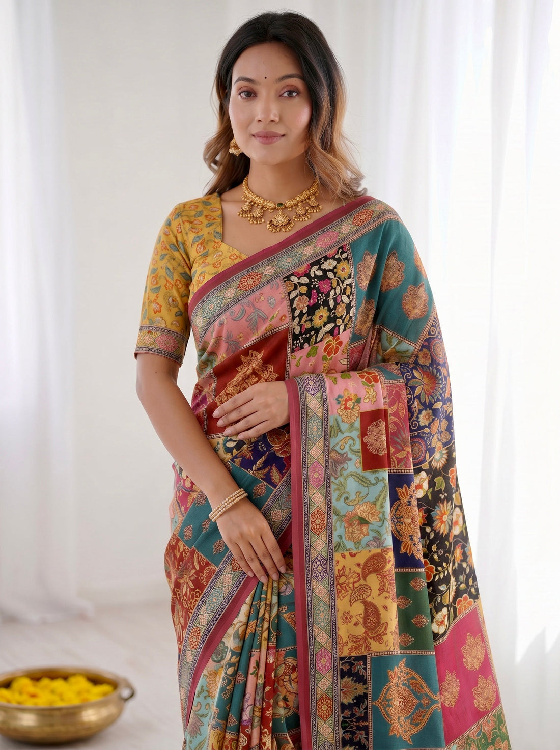 Multicolor Patchwork Modal Silk Saree with Floral Heritage Prints & Designer Artistic Pallu