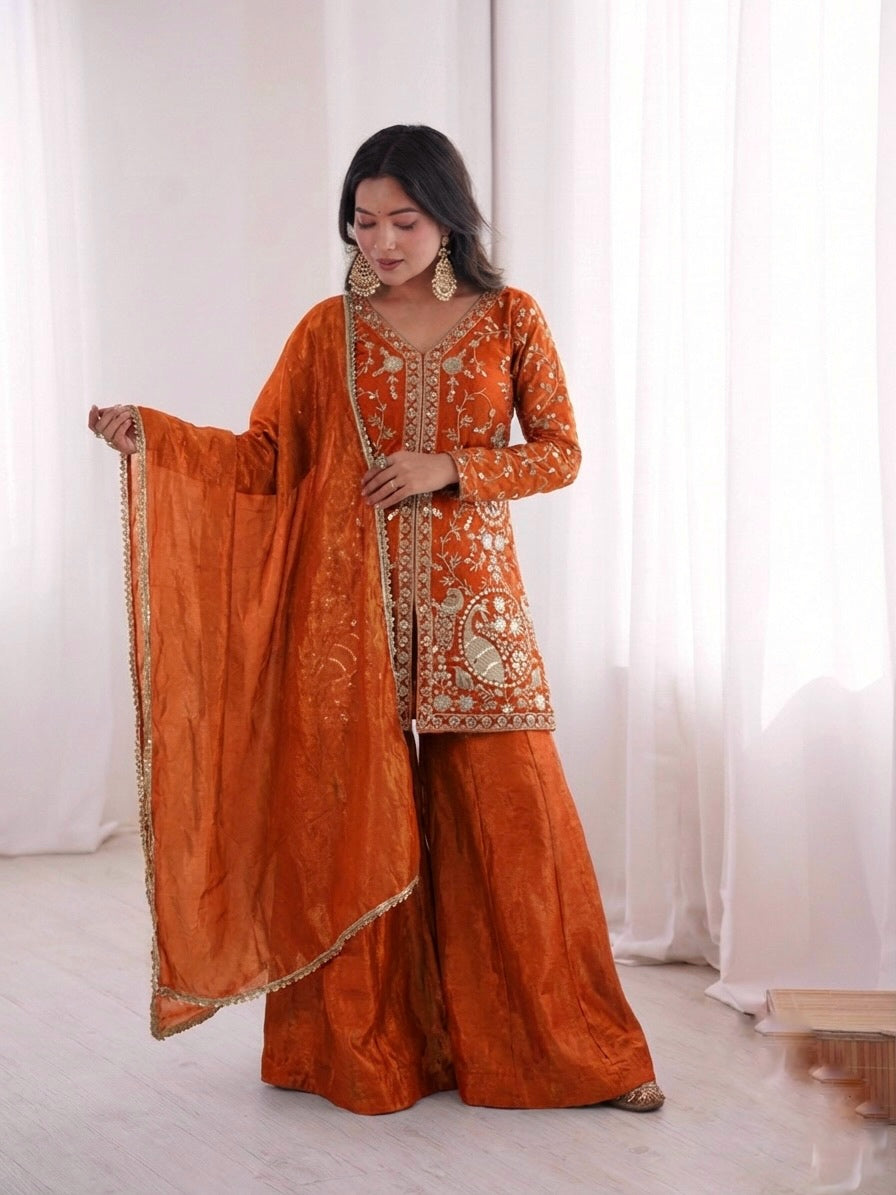 Fendy Silk Embroidered Short Kurta with Sharara & Dupatta Set