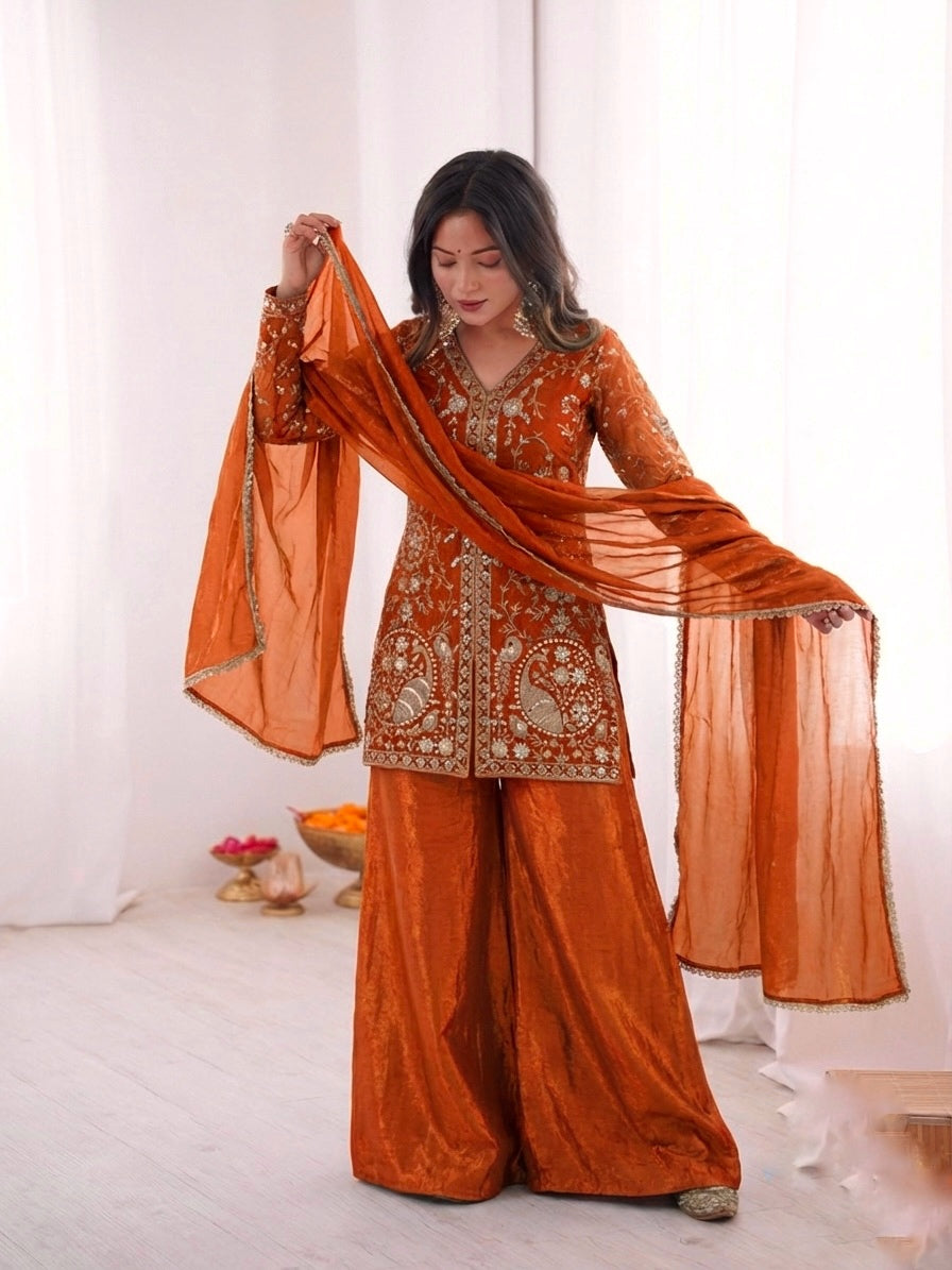 Fendy Silk Embroidered Short Kurta with Sharara & Dupatta Set