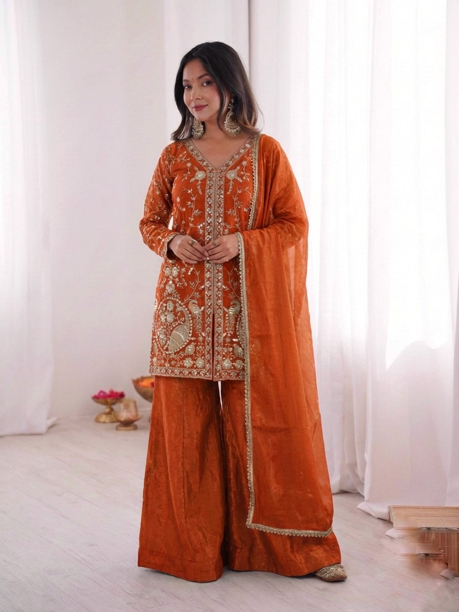 Fendy Silk Embroidered Short Kurta with Sharara & Dupatta Set