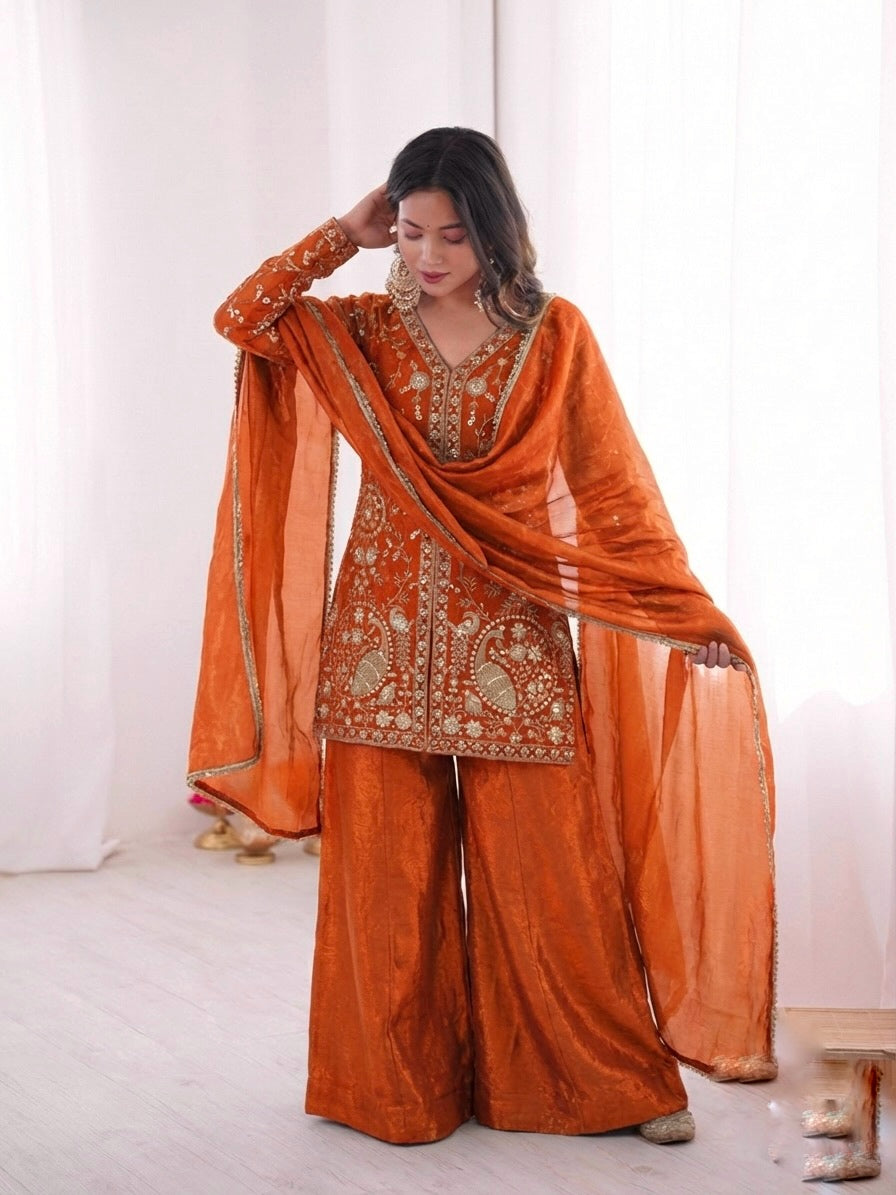 Fendy Silk Embroidered Short Kurta with Sharara & Dupatta Set