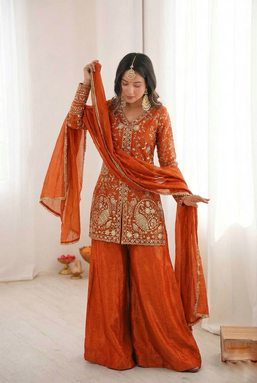 Fendy Silk Embroidered Short Kurta with Sharara & Dupatta Set