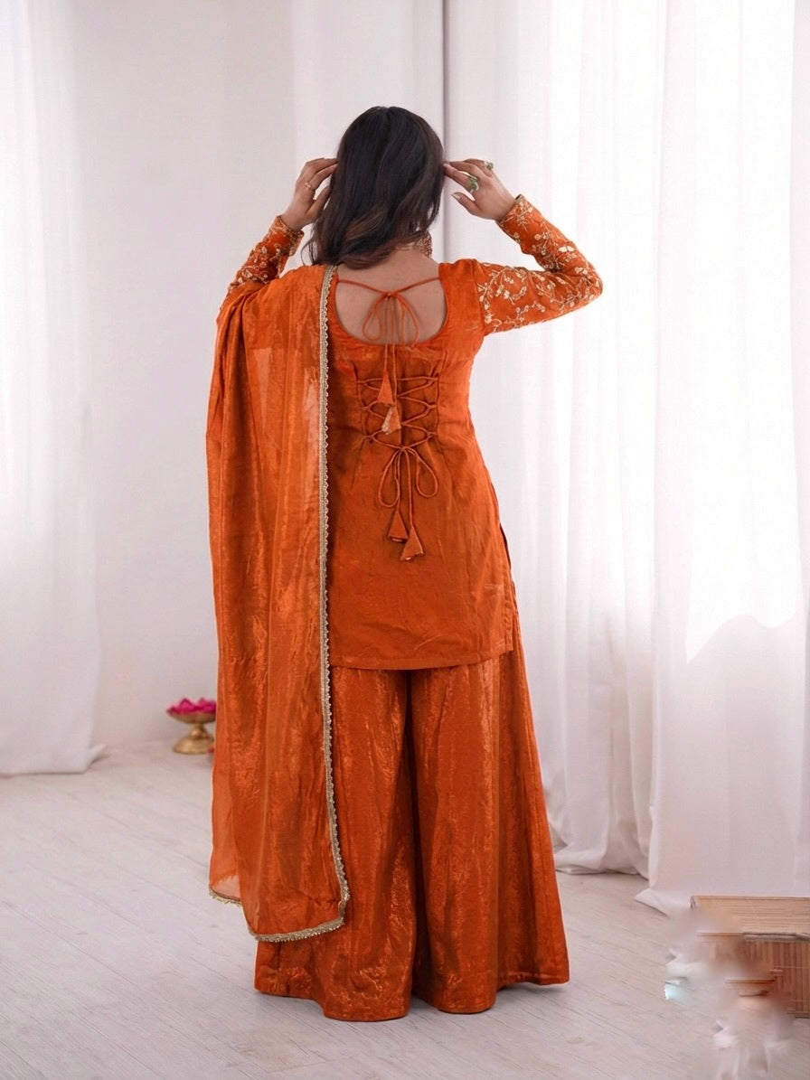 Fendy Silk Embroidered Short Kurta with Sharara & Dupatta Set