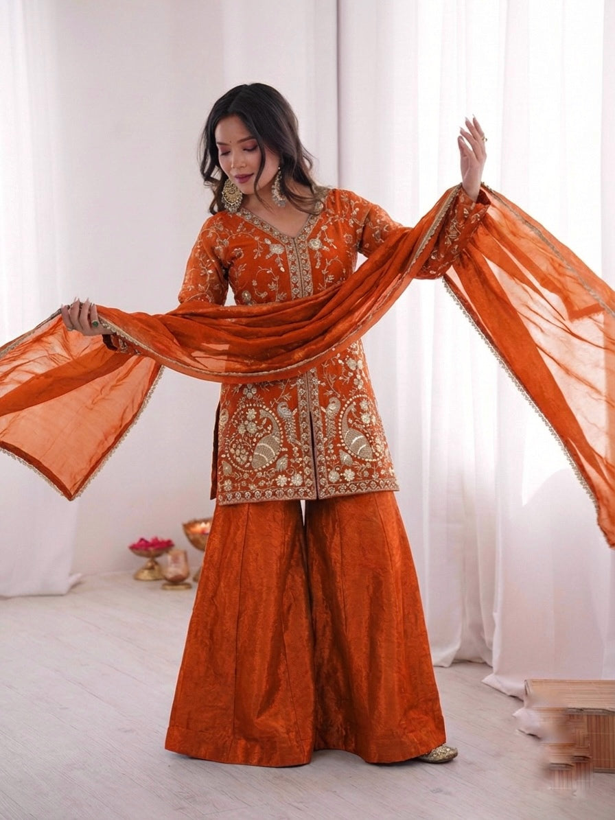Fendy Silk Embroidered Short Kurta with Sharara & Dupatta Set