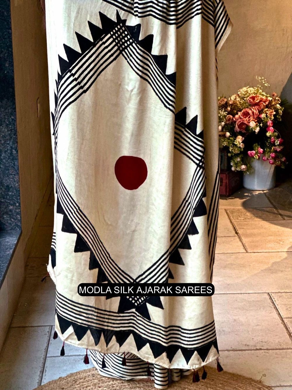 Ivory White & Black Modal Silk Contemporary Ajrakh Saree with Geometric Stripe Pattern, Artistic Statement Pallu & Tassel Detailing
