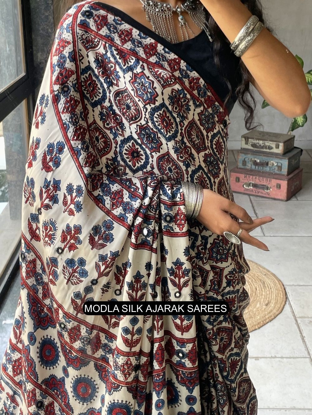 Ivory White Modal Silk Ajrakh Printed Saree with Traditional Floral Motifs, Heritage Border & Artistic Ethnic Pallu