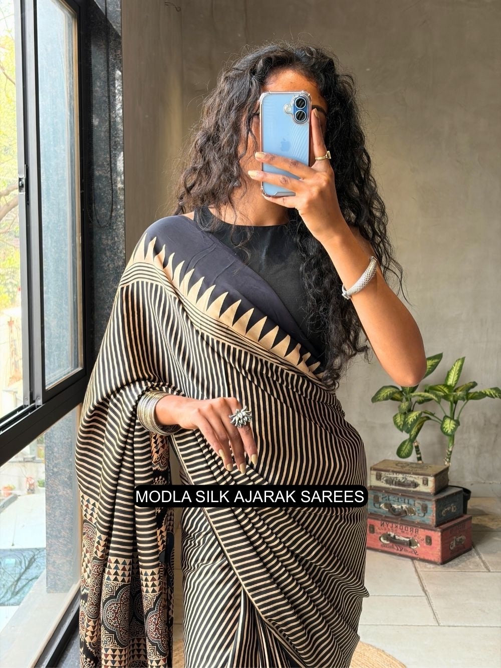 Black & Beige Modal Silk Ajrakh Printed Saree with Geometric Stripes, Heritage Pallu & Tassel Detailing