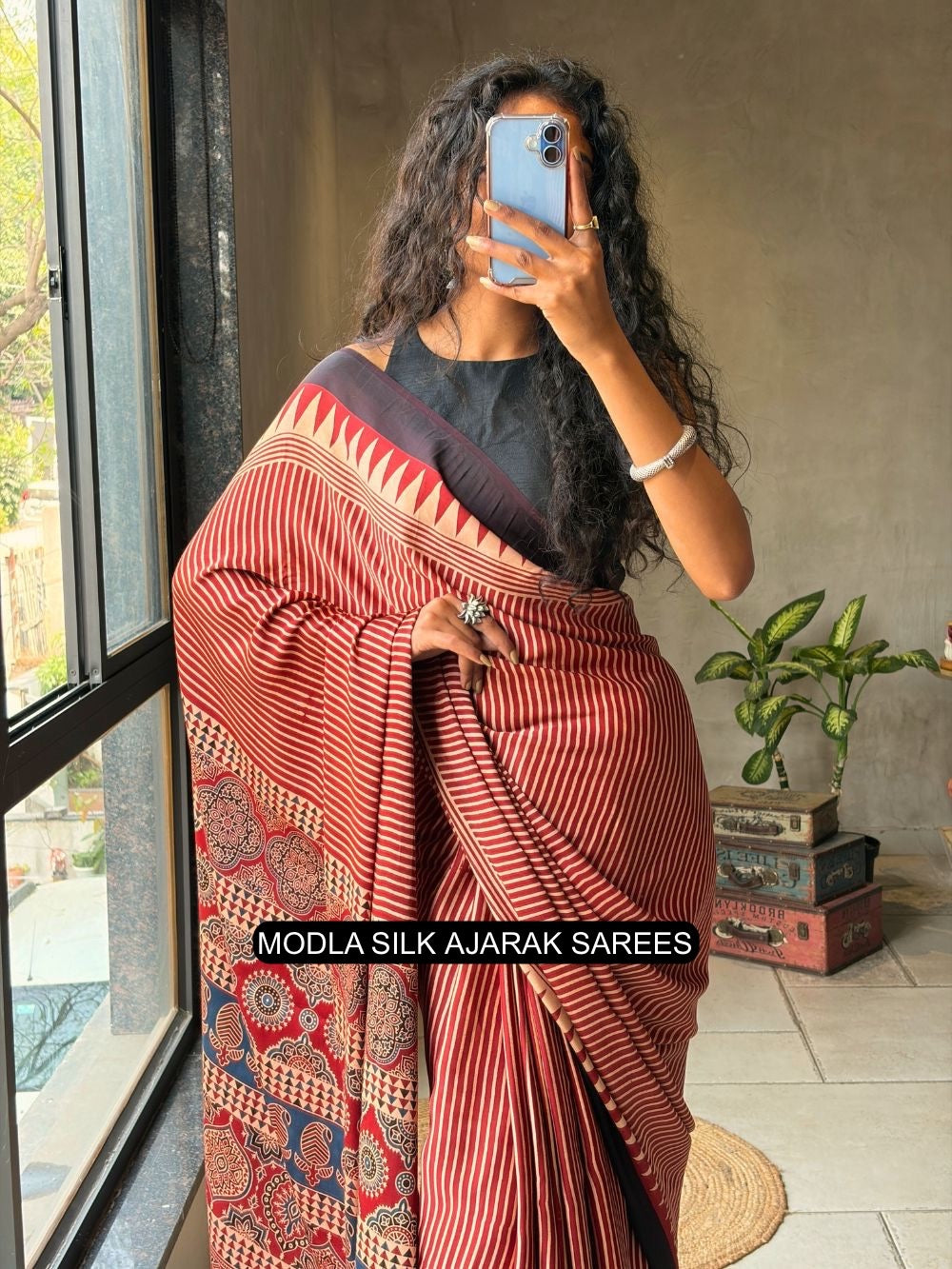 Red & Beige Modal Silk Ajrakh Printed Saree with Striped Design, Heritage Pallu & Tassel Detailing