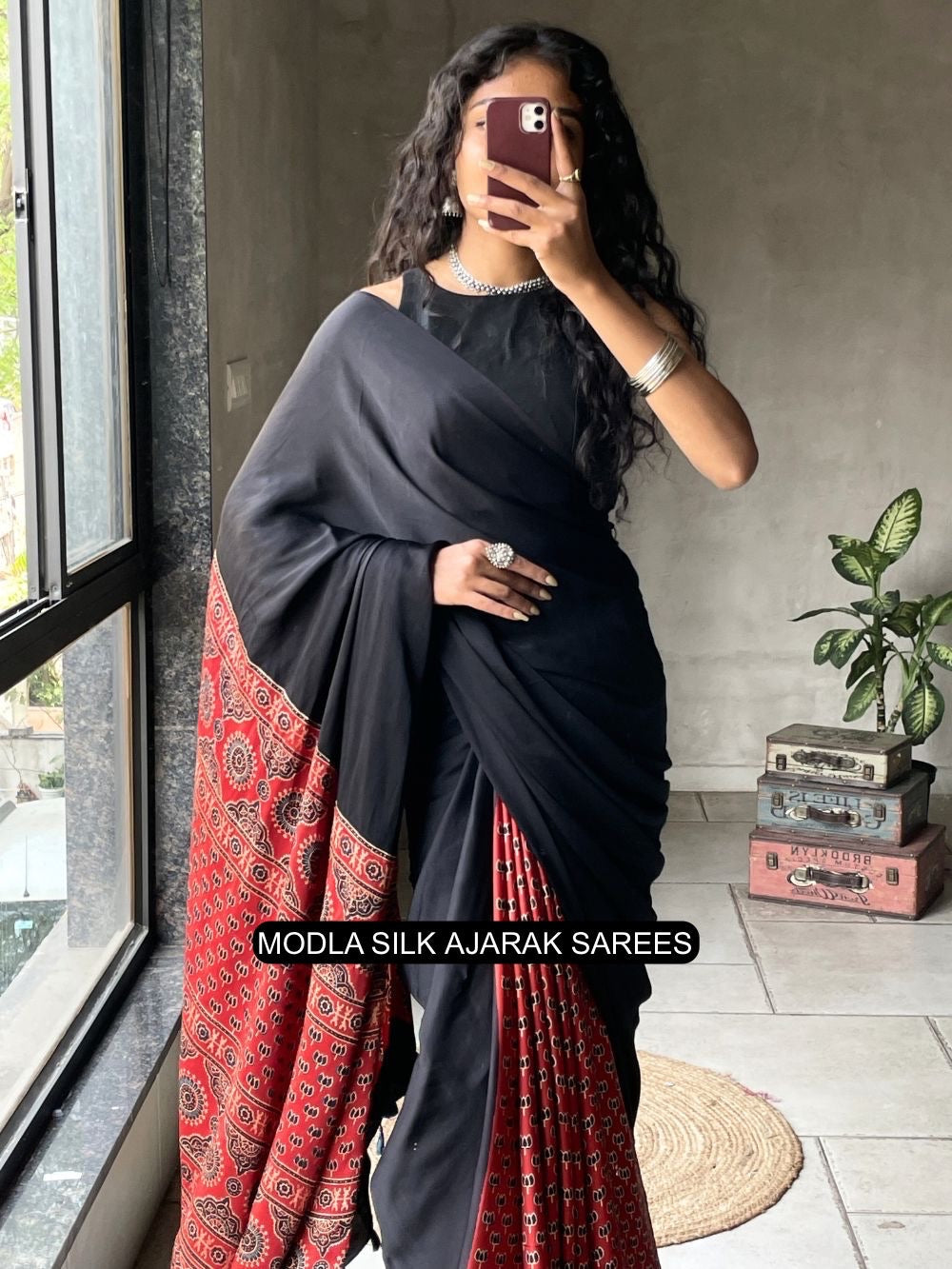 Black & Red Modal Silk Ajrakh Printed Saree with Heritage Border, Traditional Pallu & Tassel Detailing