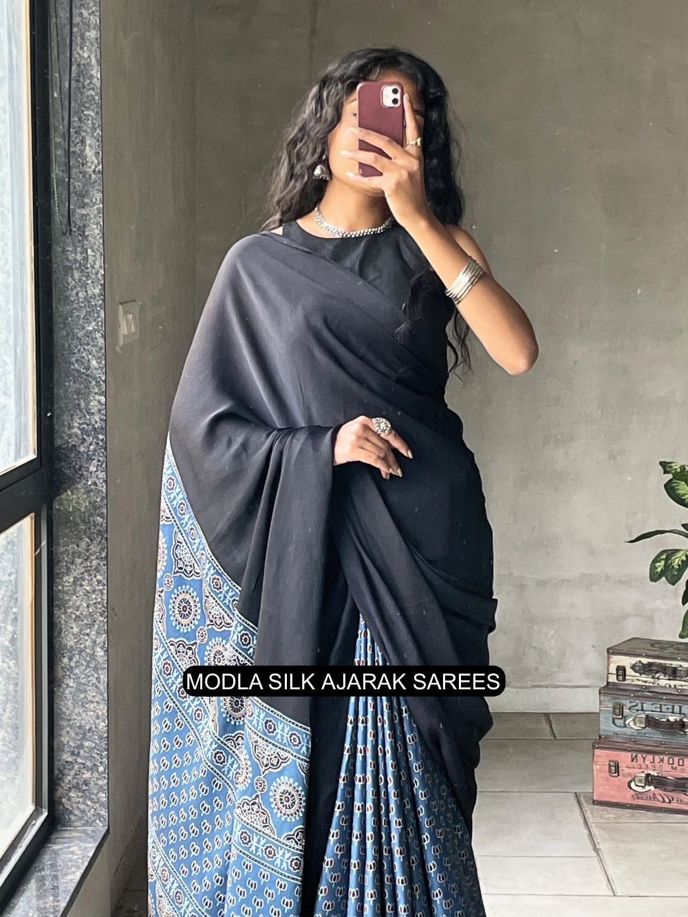 Black & Indigo Blue Modal Silk Ajrakh Saree with Heritage Printed Pallu, Traditional Motifs & Tassel Detailing